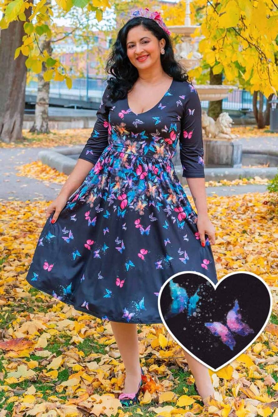 Dolly & Dotty Billie Black Butterfly Long Sleeved Dress Size 14